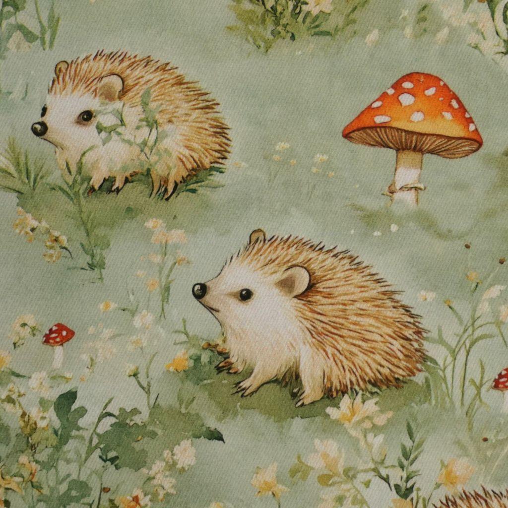 Dekostoff Halbpanama Igel und Eichhörnchen im Grünen